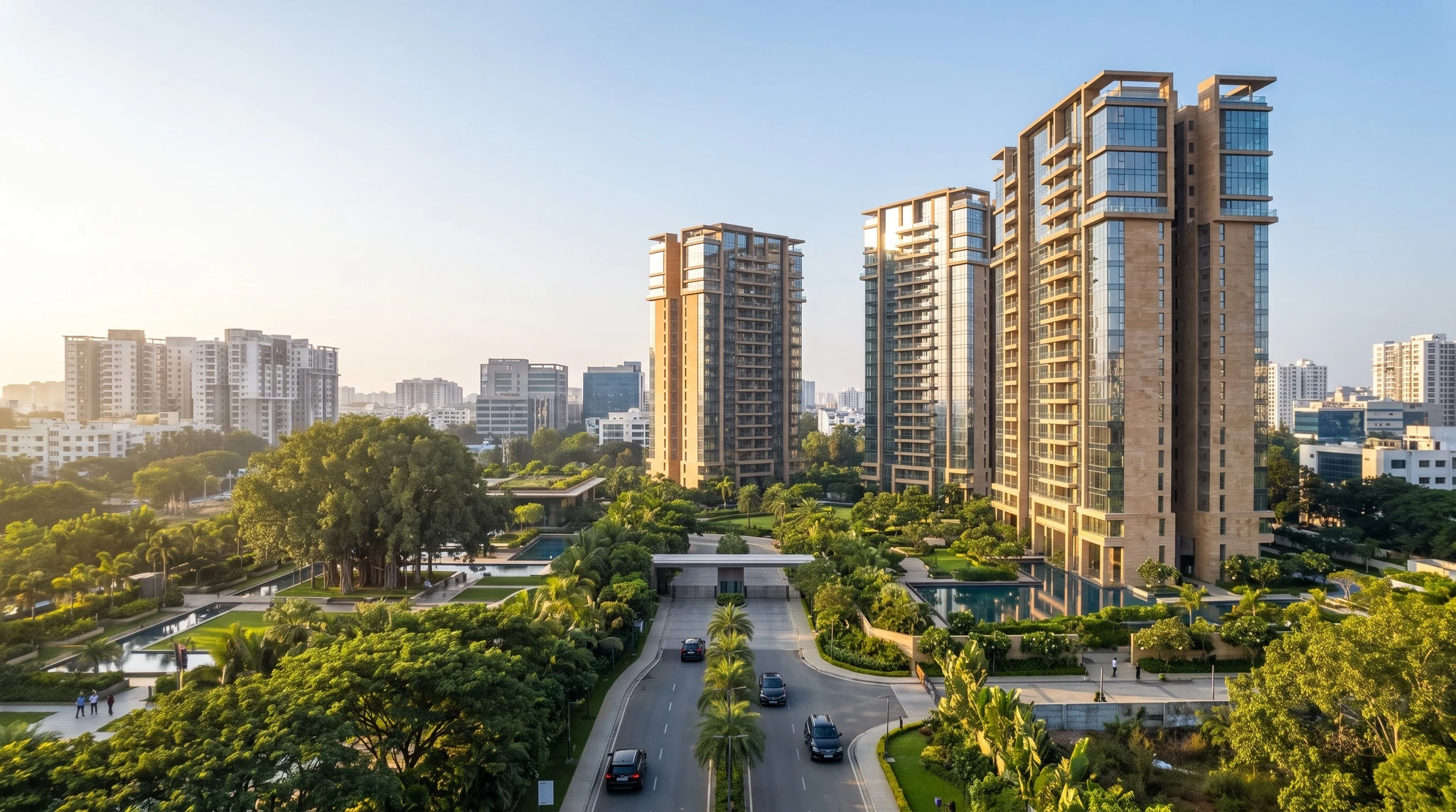 Residential towers and landscaped gardens